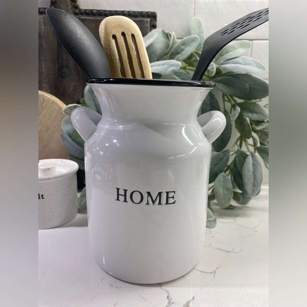 New! Food Network Utensil Crock Farmhouse Black & White